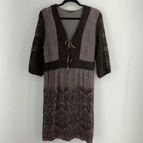 VENUS Dresses & Skirts - Venus Boho Mixed Media Lace Up Dress Brown Damask Crochet Sleeve Whimsigoth